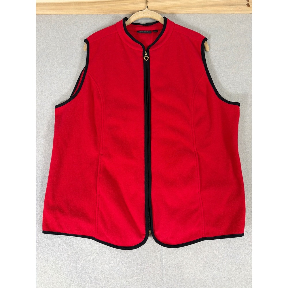 Susan Graver Weekend Red Fleece Vest Heart Zipper XL Womens Mock Neck Pocket